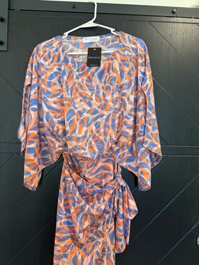 Impressions Orange, Lavender & Cream Abstract Dress With Tie Waist Size Small